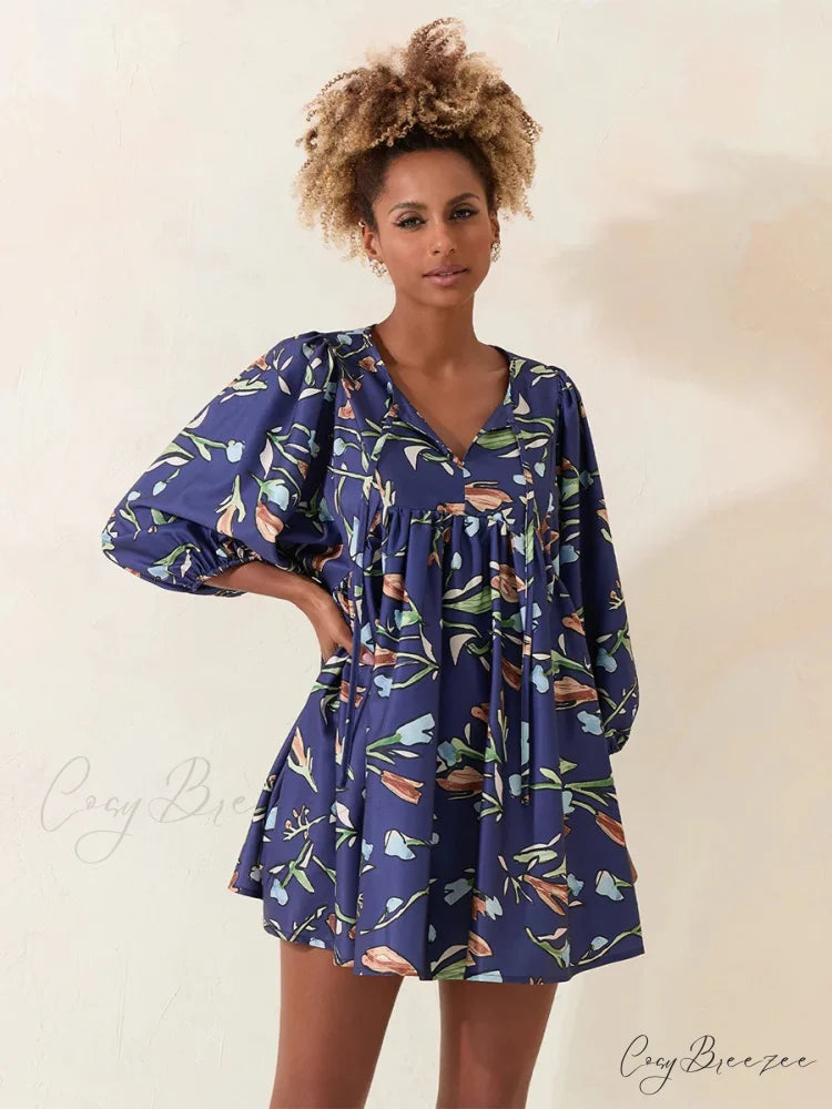 Lantern Sleeve Loose Floral Tied Bodydoll Short Dress floraldress-250126