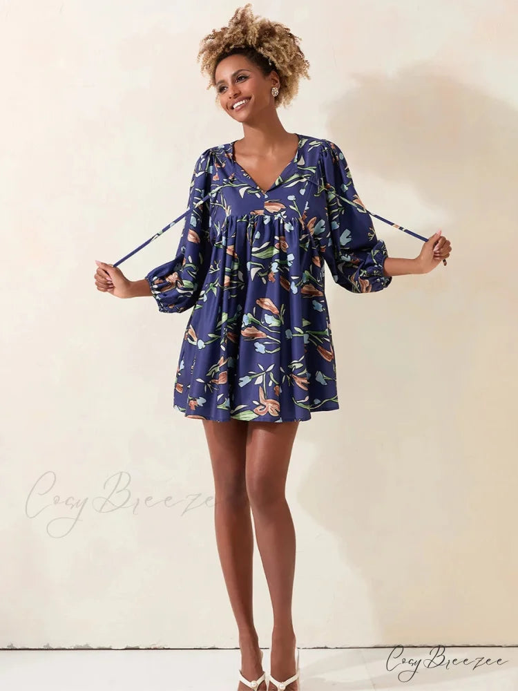 Lantern Sleeve Loose Floral Tied Bodydoll Short Dress floraldress-250126