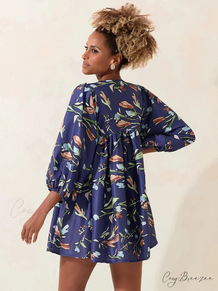 Lantern Sleeve Loose Floral Tied Bodydoll Short Dress floraldress-250126