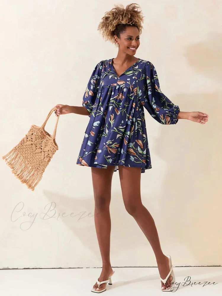 Lantern Sleeve Loose Floral Tied Bodydoll Short Dress floraldress-250126