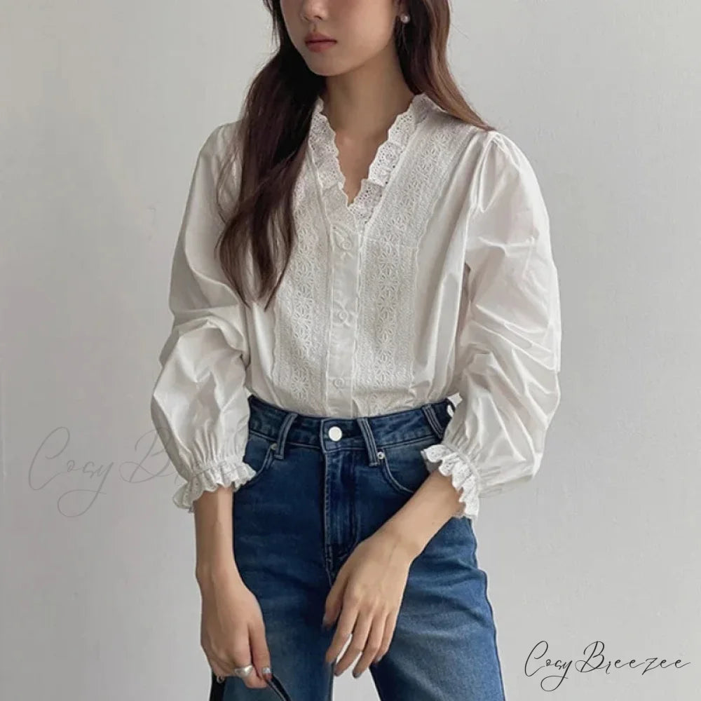 Lantern Sleeve Ruffles V-Neck Cotton Boho Office Blouse white / One Size bohoblouse-250126