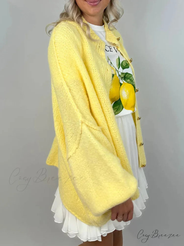 Lantern Sleeve Stand Collar Cardigan cardigans-241228