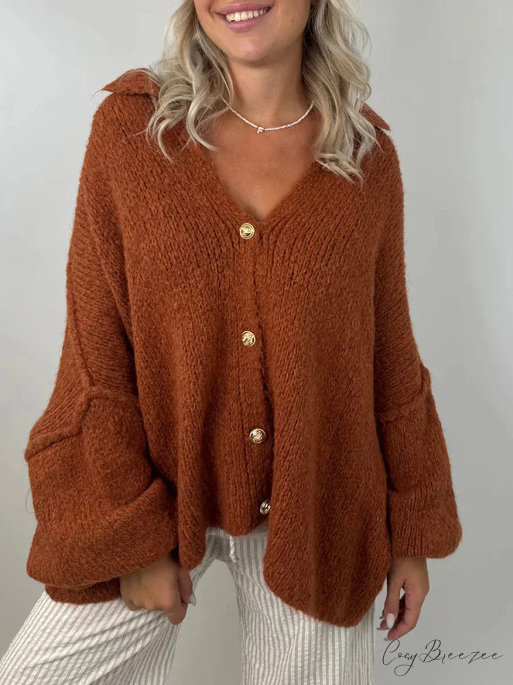 Lantern Sleeve Stand Collar Cardigan Dark Brown / S cardigans-241228