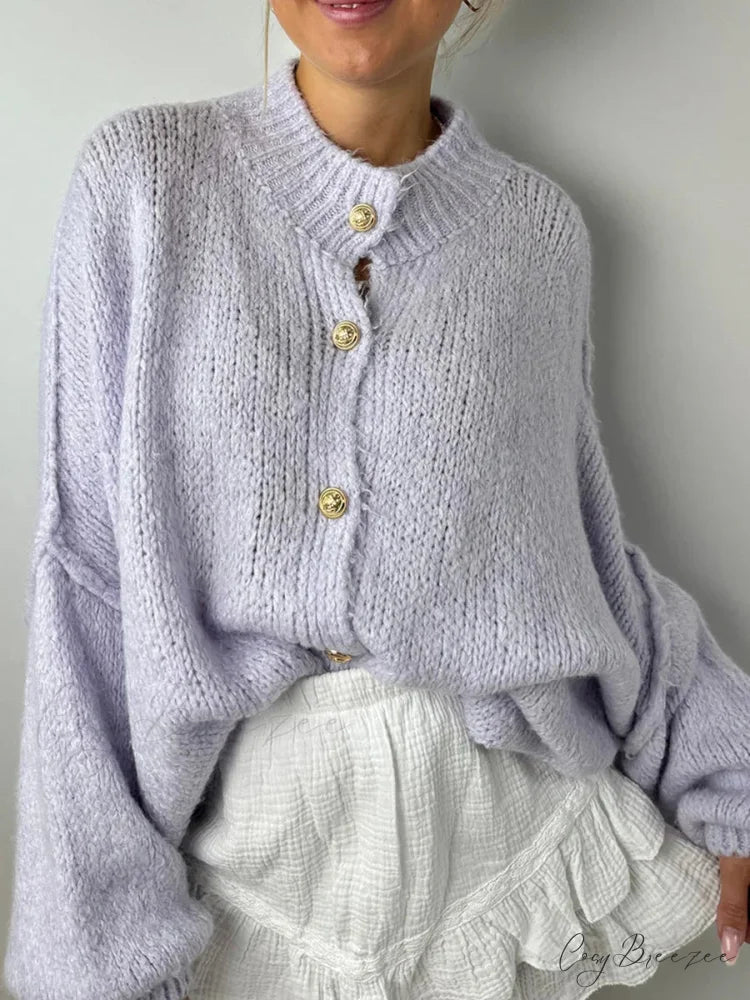 Lantern Sleeve Stand Collar Cardigan Light Purple / S cardigans-241228