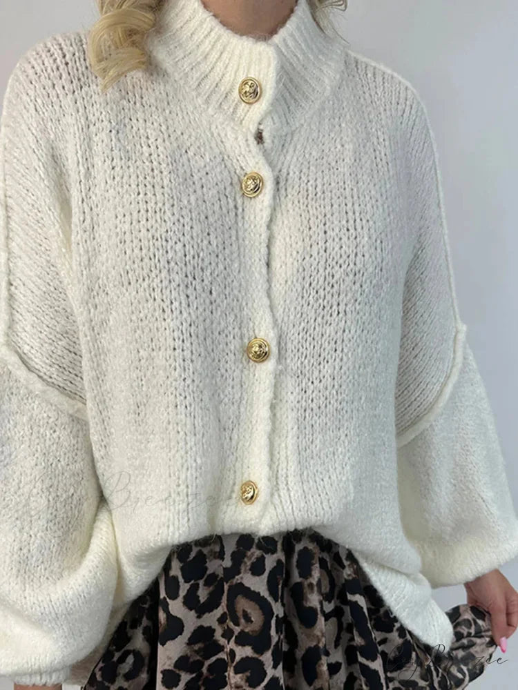 Lantern Sleeve Stand Collar Cardigan Milky White / S cardigans-241228