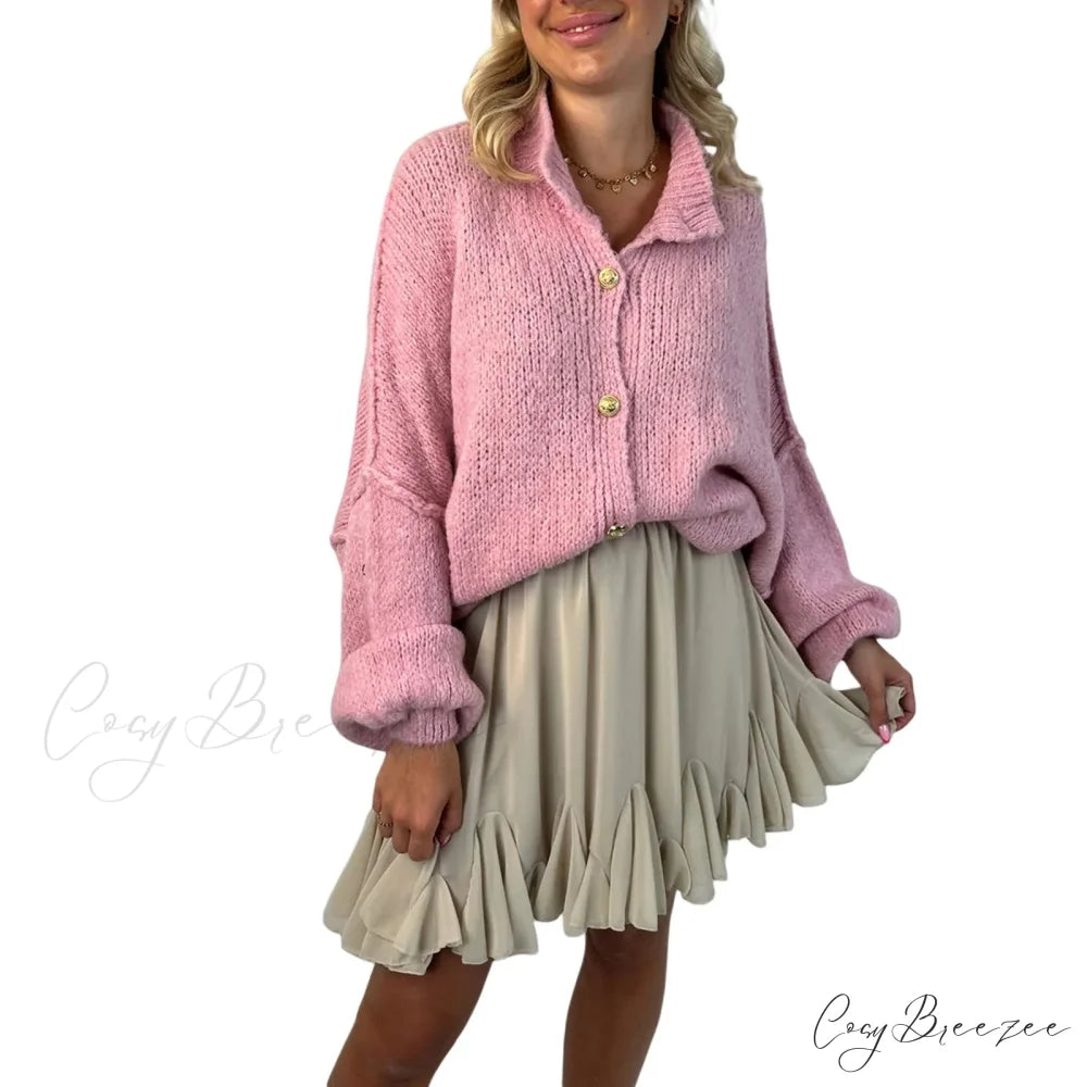 Lantern Sleeve Stand Collar Cardigan Pink / S cardigans-241228