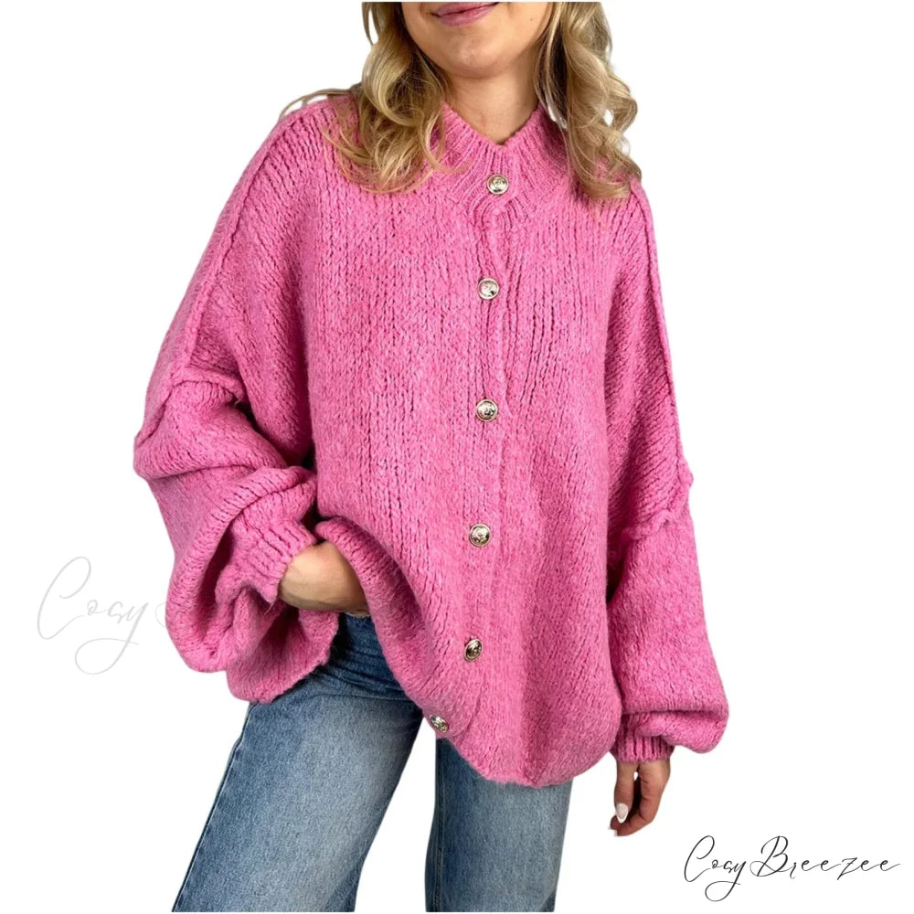 Lantern Sleeve Stand Collar Cardigan Rose Red / S cardigans-241228
