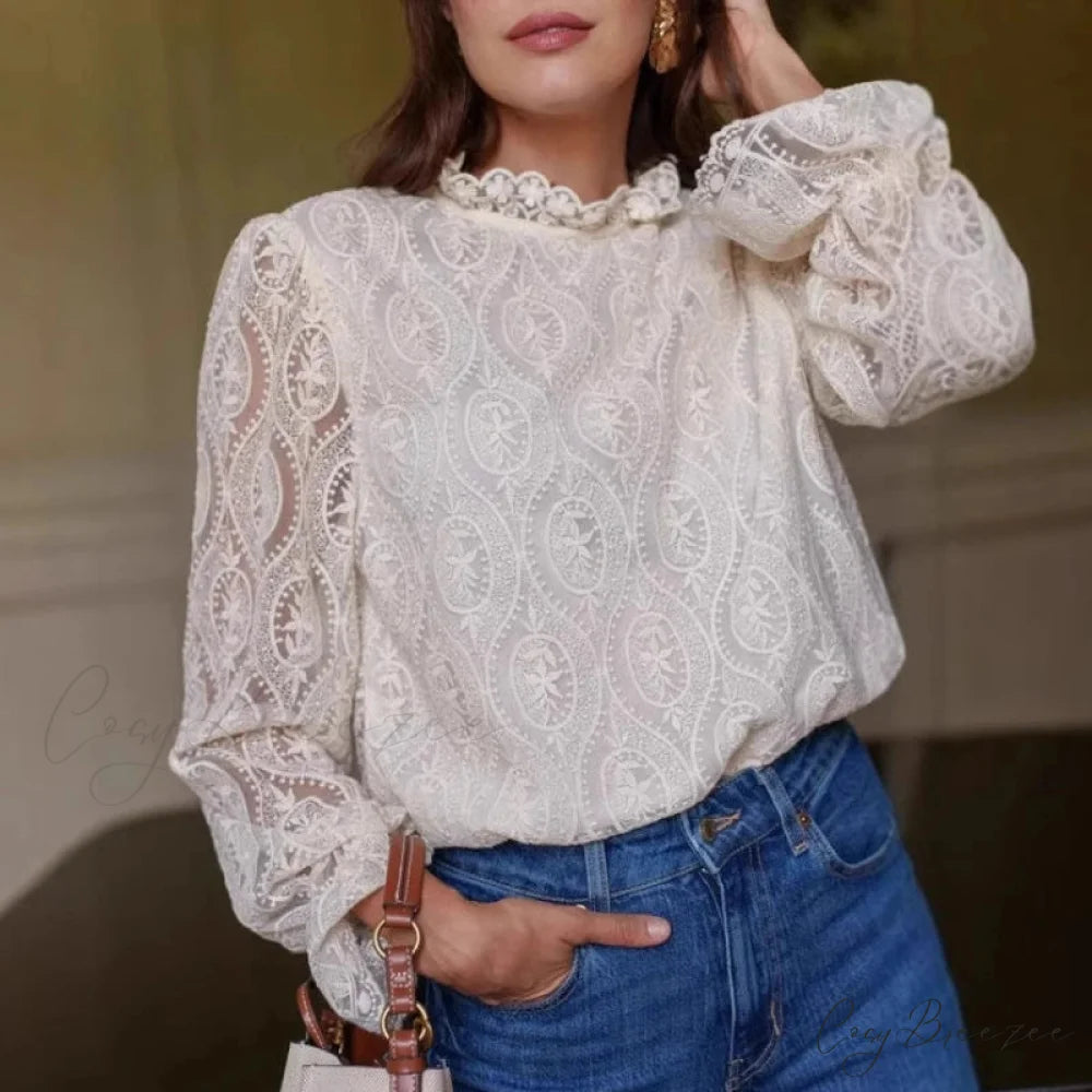 Lantern Sleeve Stand Neck Floral Boho Blouse bohoblouse-250126