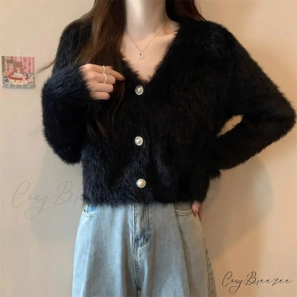 Lantern Sleeve V-Neck Solid Button-Up Knit Cardigan Coat Black / S cardiagn-250126