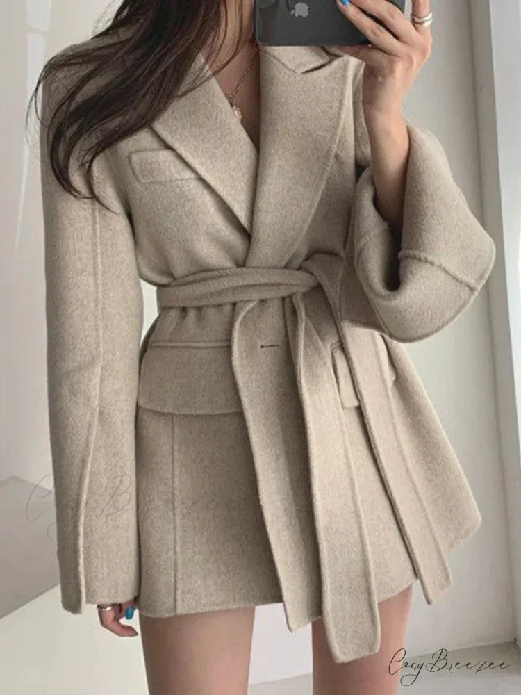 Lapel Belted Spliced Pockets Coat Apricot / One Size overcoats-241228