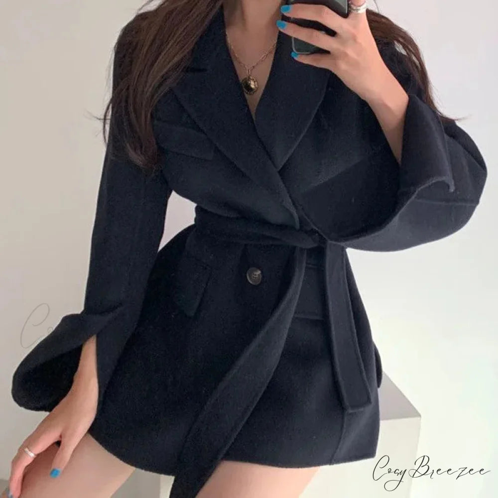 Lapel Belted Spliced Pockets Coat Black / One Size overcoats-241228