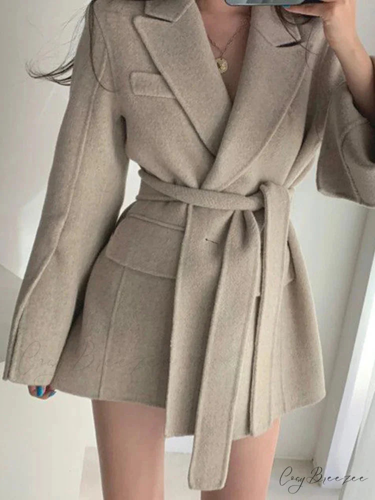 Lapel Belted Spliced Pockets Coat overcoats-241228