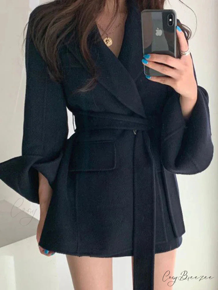 Lapel Belted Spliced Pockets Coat overcoats-241228