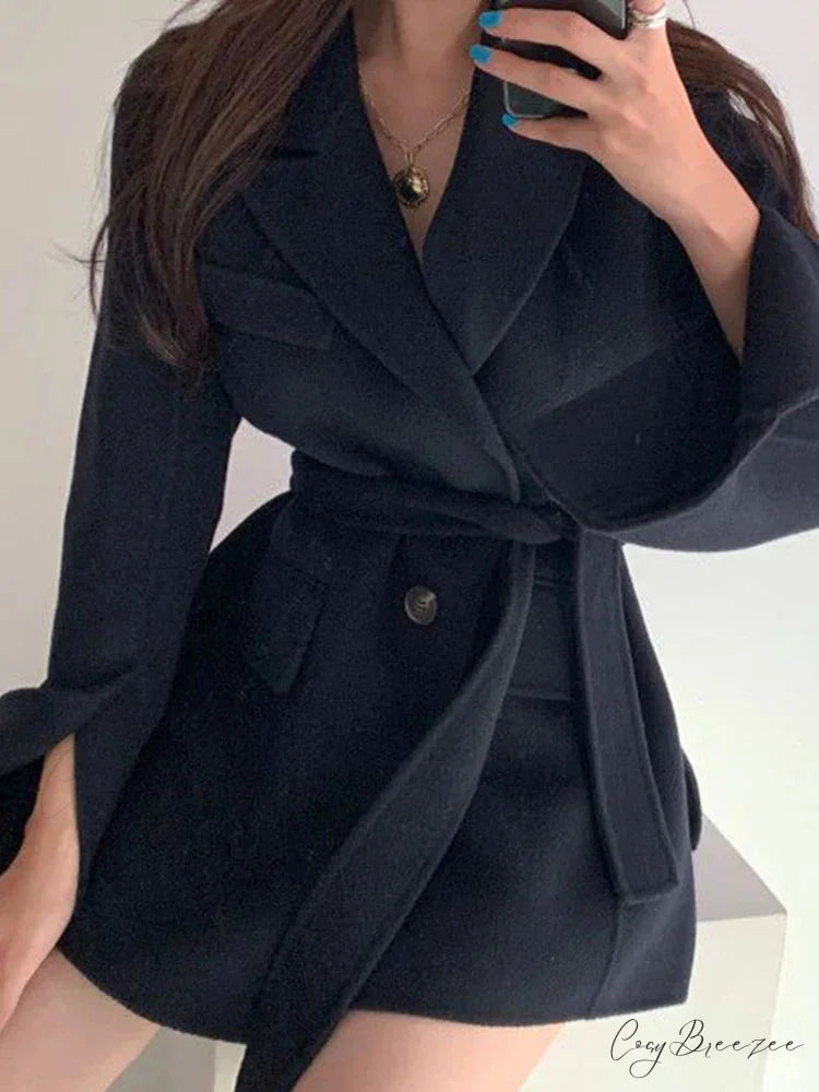 Lapel Belted Spliced Pockets Coat overcoats-241228