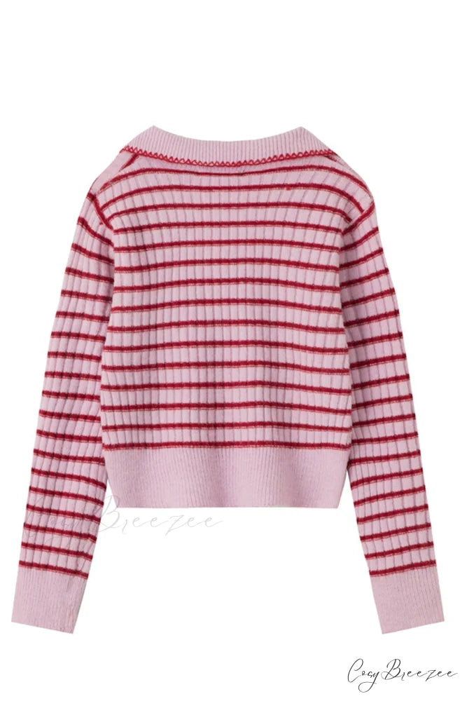 Lapel Striped V Neck Sweater