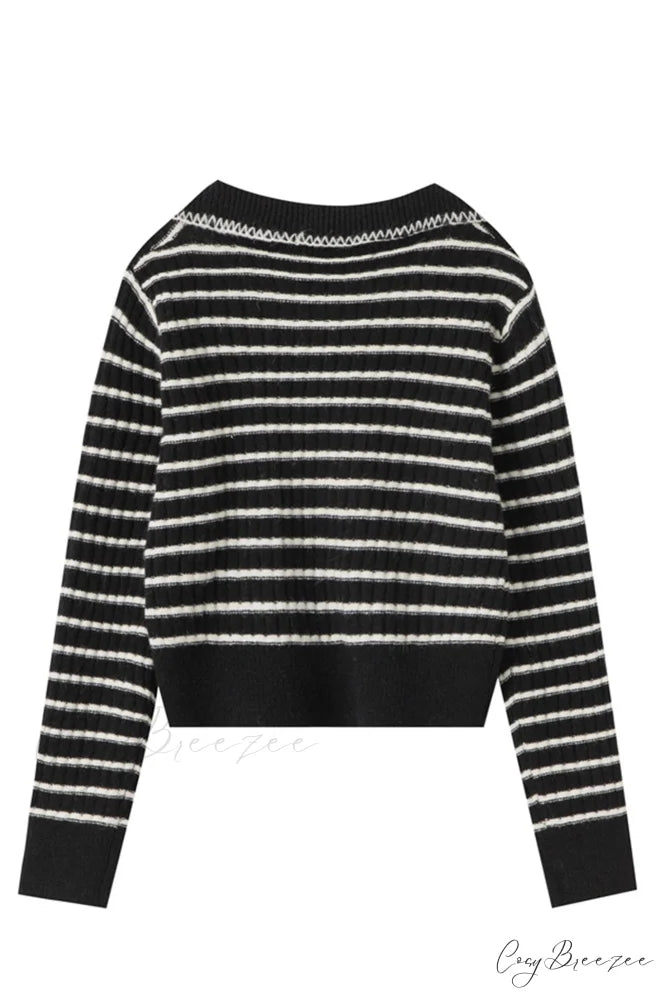 Lapel Striped V Neck Sweater