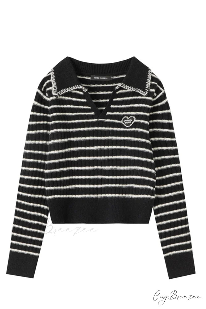 Lapel Striped V Neck Sweater Black / S