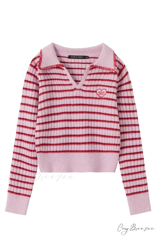 Lapel Striped V Neck Sweater Pink / S