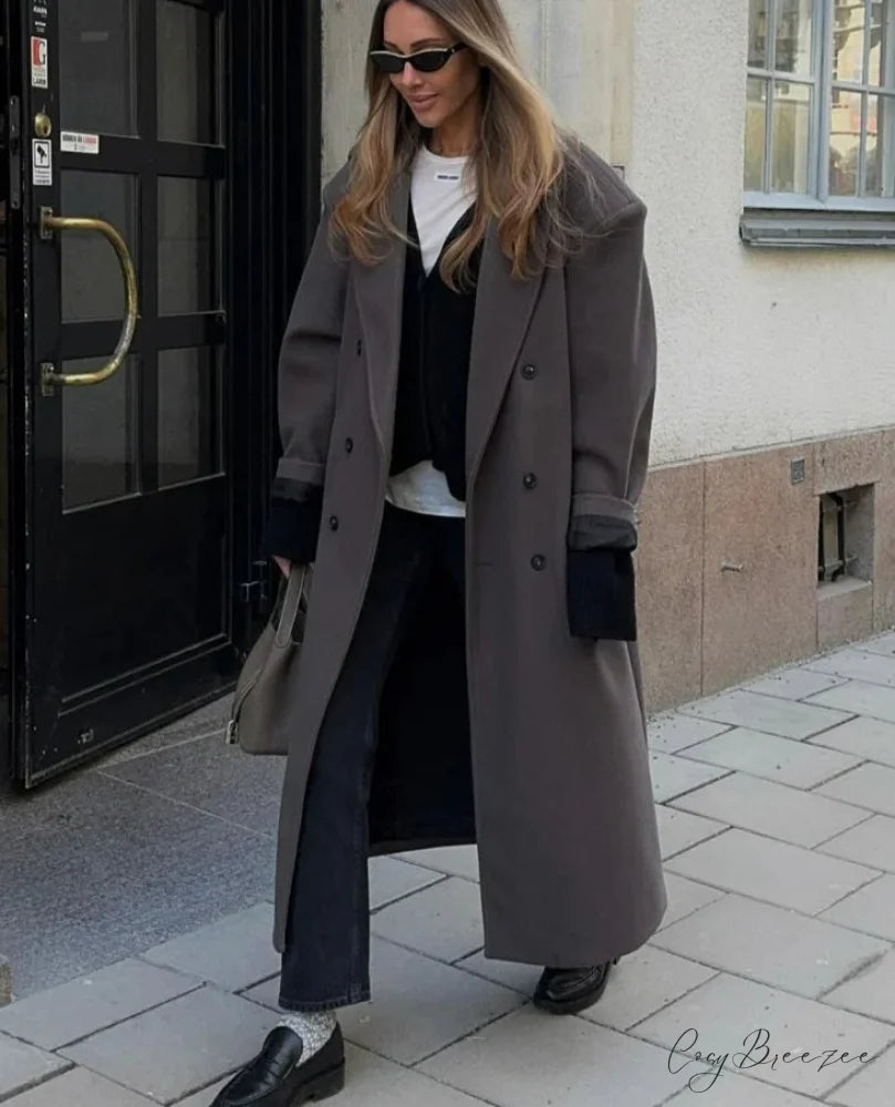 Lapel Woolen Double-Breasted Shoulder Pad Coat gray / S overcoats-241228