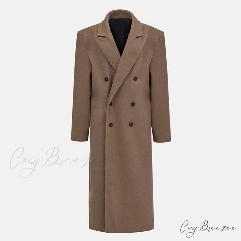 Lapel Woolen Double-Breasted Shoulder Pad Coat Khaki / S overcoats-241228