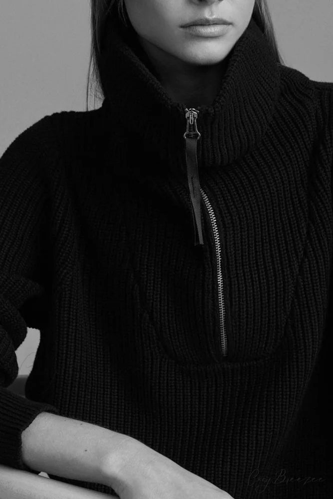 Lapel Zipper Sweater Black / S