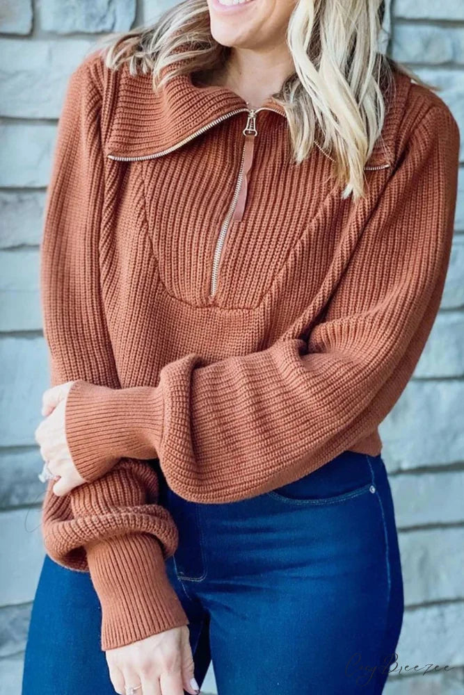 Lapel Zipper Sweater Brown / S