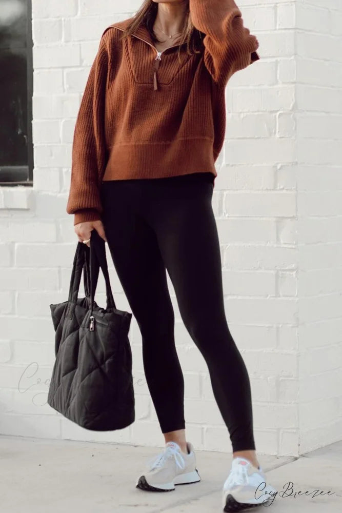 Lapel Zipper Sweater Brown / XL