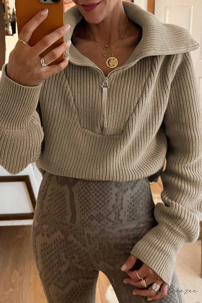 Lapel Zipper Sweater Khaki / M