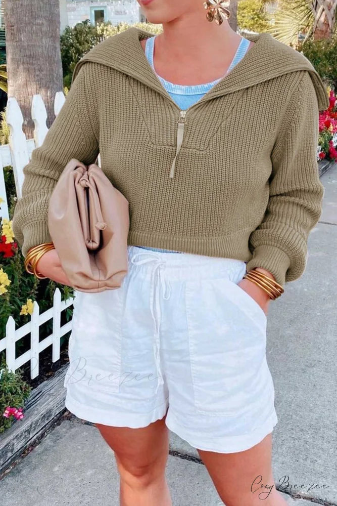 Lapel Zipper Sweater Khaki / XL