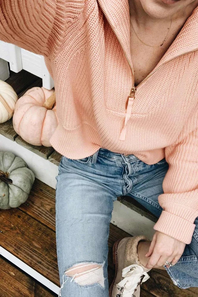 Lapel Zipper Sweater Light Pink / L
