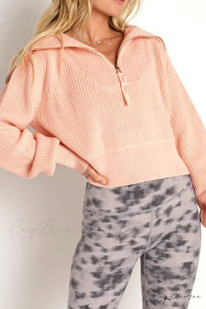 Lapel Zipper Sweater Light Pink / M