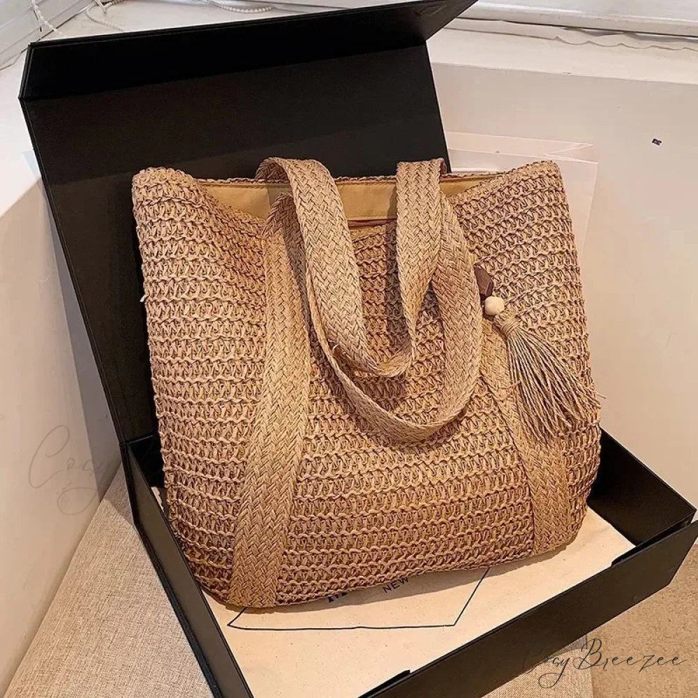 Large Capacity Fringe Straw Shoulder Bag shoulder-250126