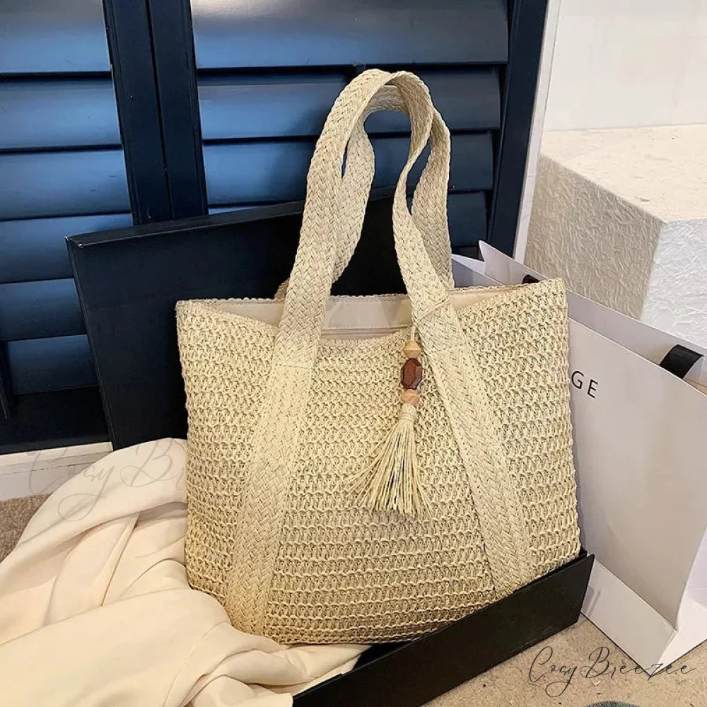 Large Capacity Fringe Straw Shoulder Bag Beige1 shoulder-250126