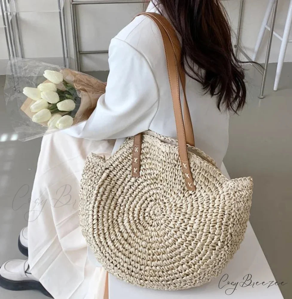 Large Capacity Fringe Straw Shoulder Bag Beige3 shoulder-250126