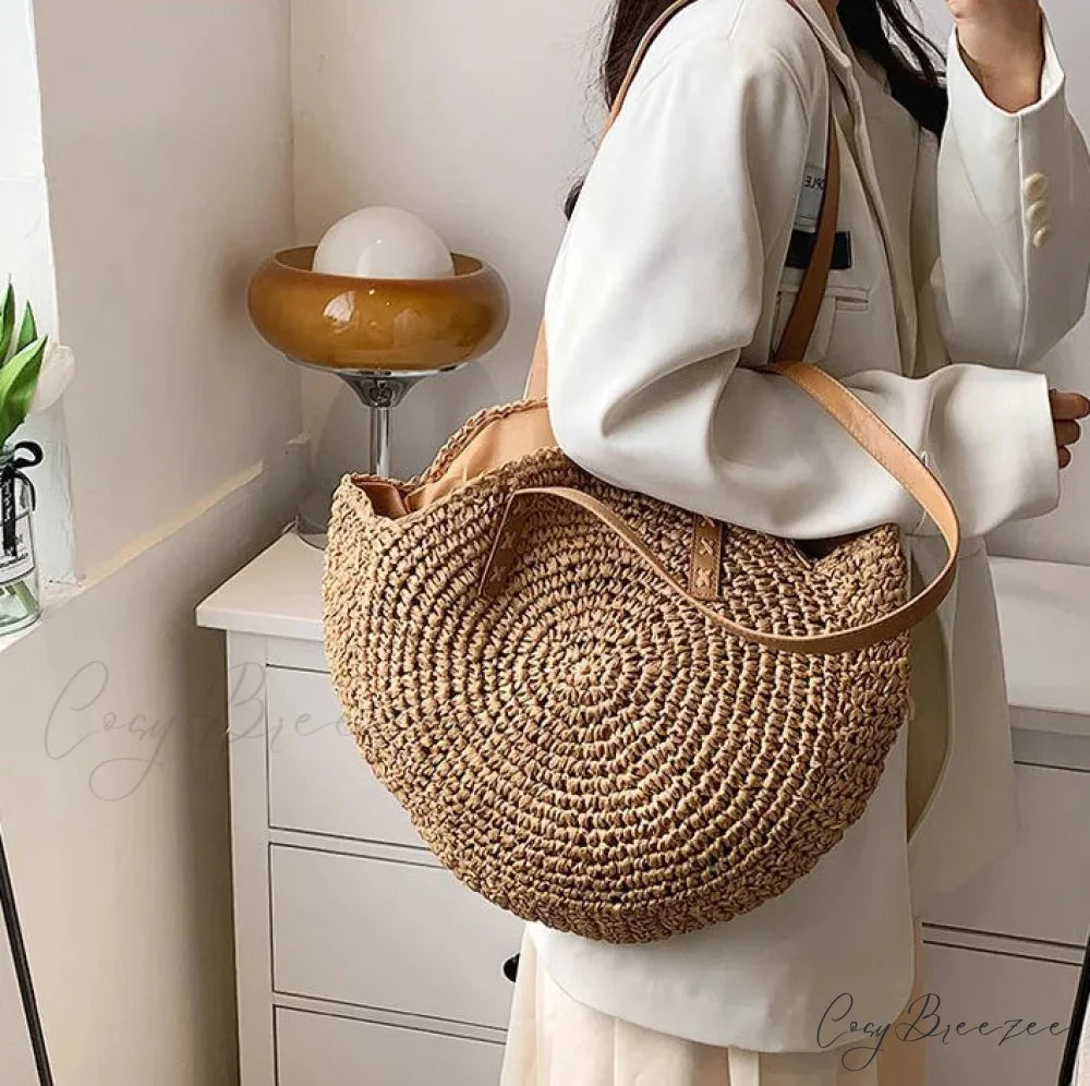 Large Capacity Fringe Straw Shoulder Bag Brown3 shoulder-250126