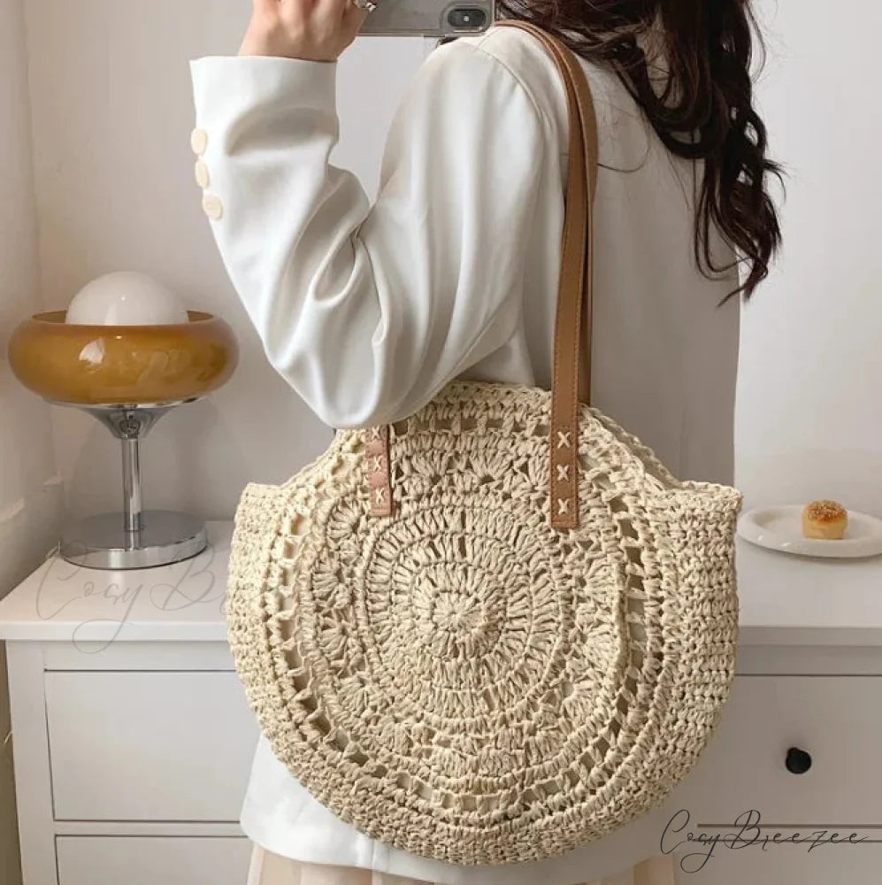 Large Capacity Fringe Straw Shoulder Bag HollowBeige2 shoulder-250126