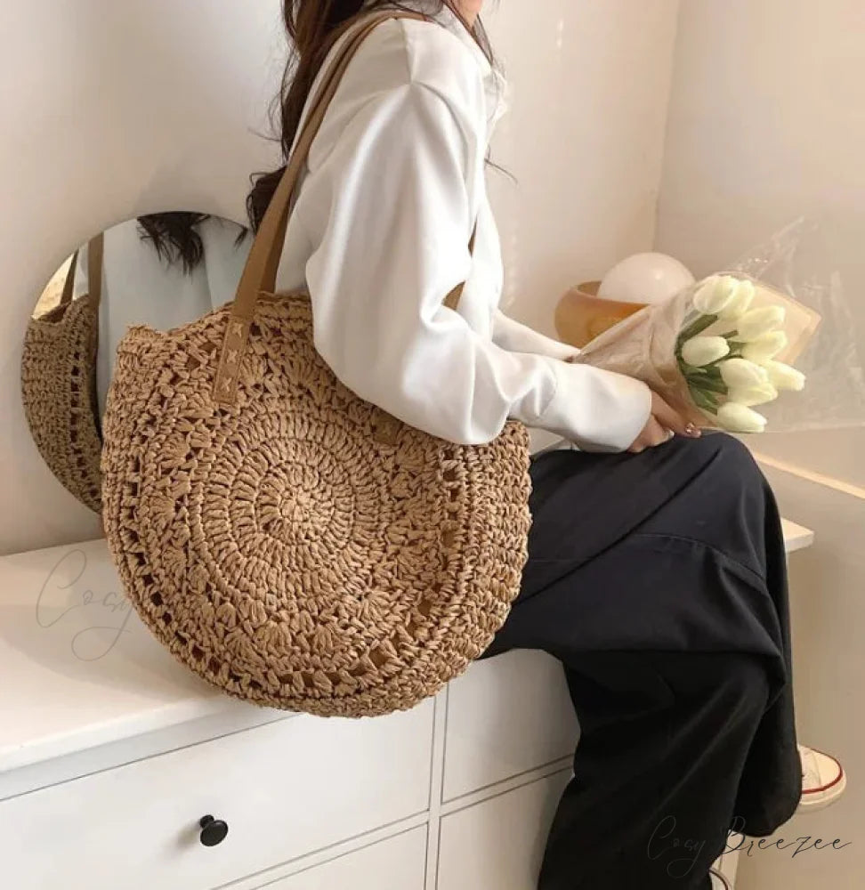 Large Capacity Fringe Straw Shoulder Bag HollowBrown2 shoulder-250126