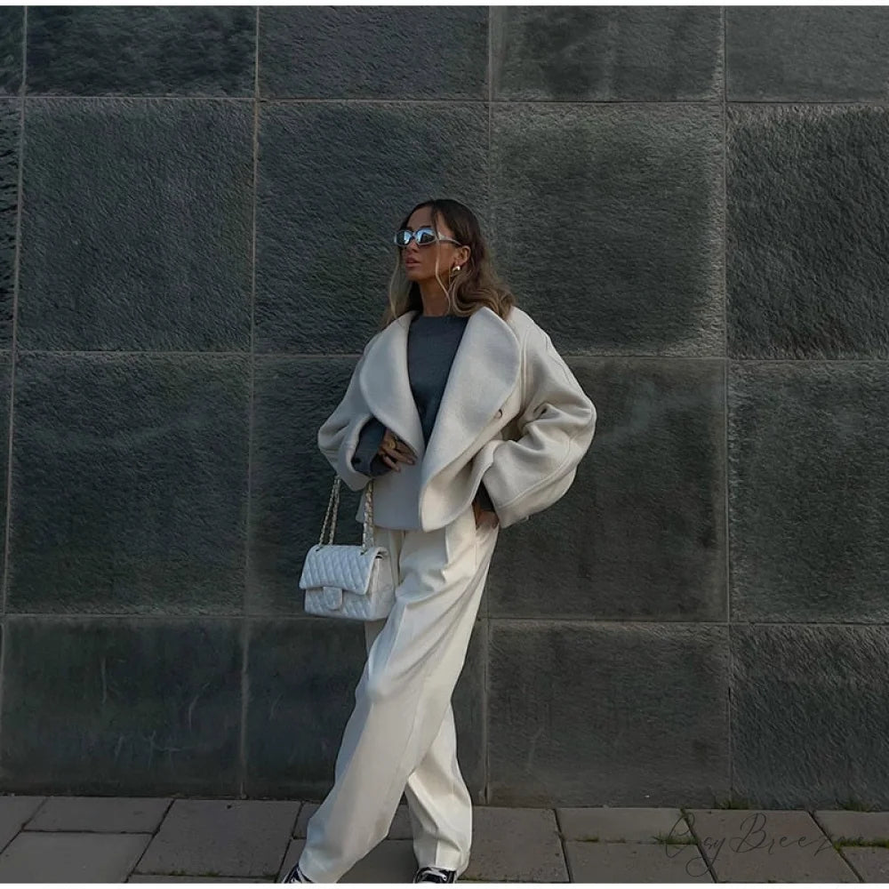 Large Collar Stylish Wool Crop Coat
