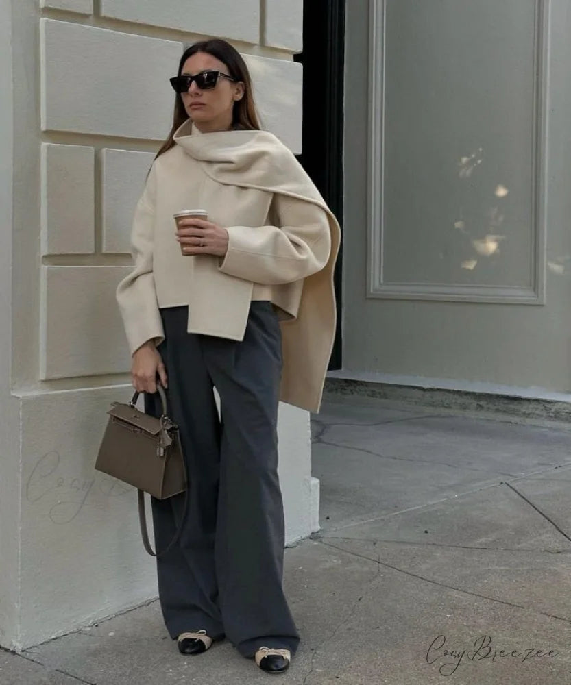 Large Collar Stylish Wool Crop Coat Beige / S