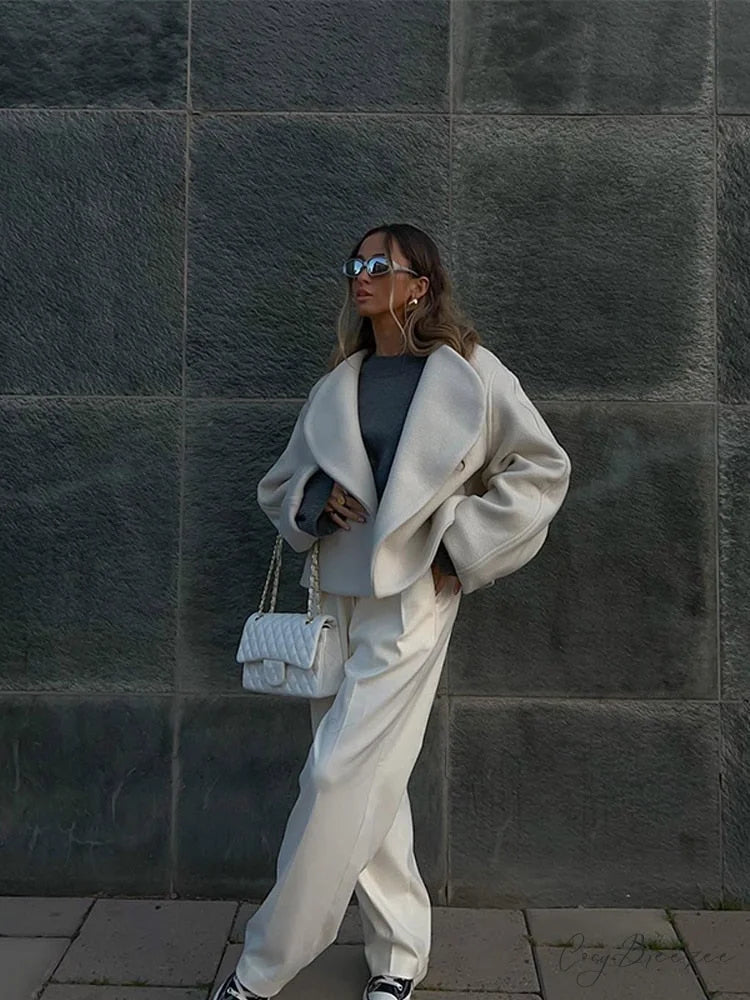Large Collar Stylish Wool Crop Coat white / S
