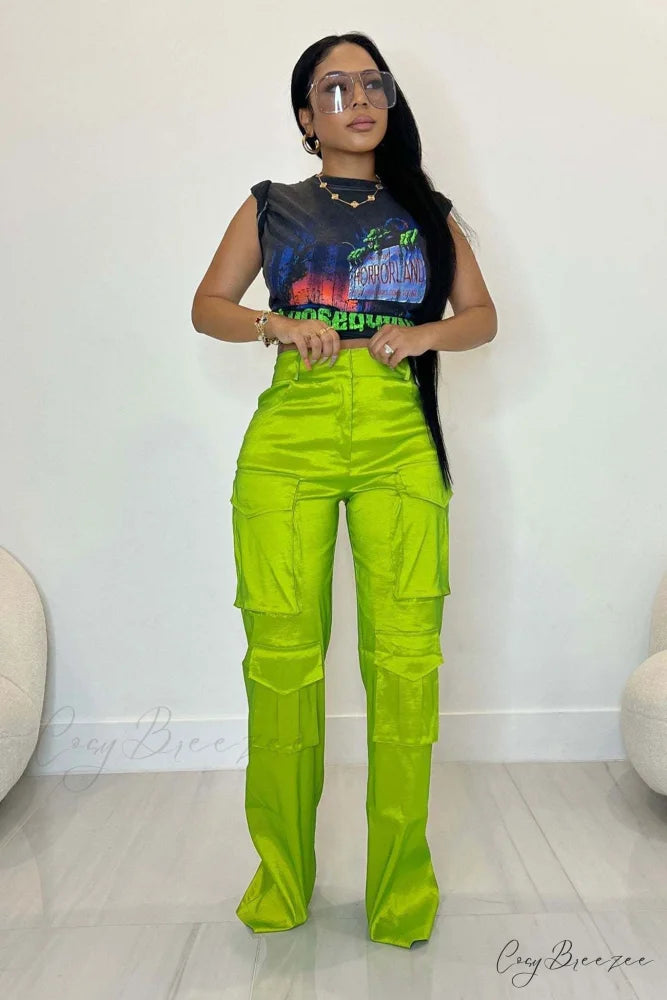 Large with Solid Cargo Pants Pocket Fluorescent Green / XL