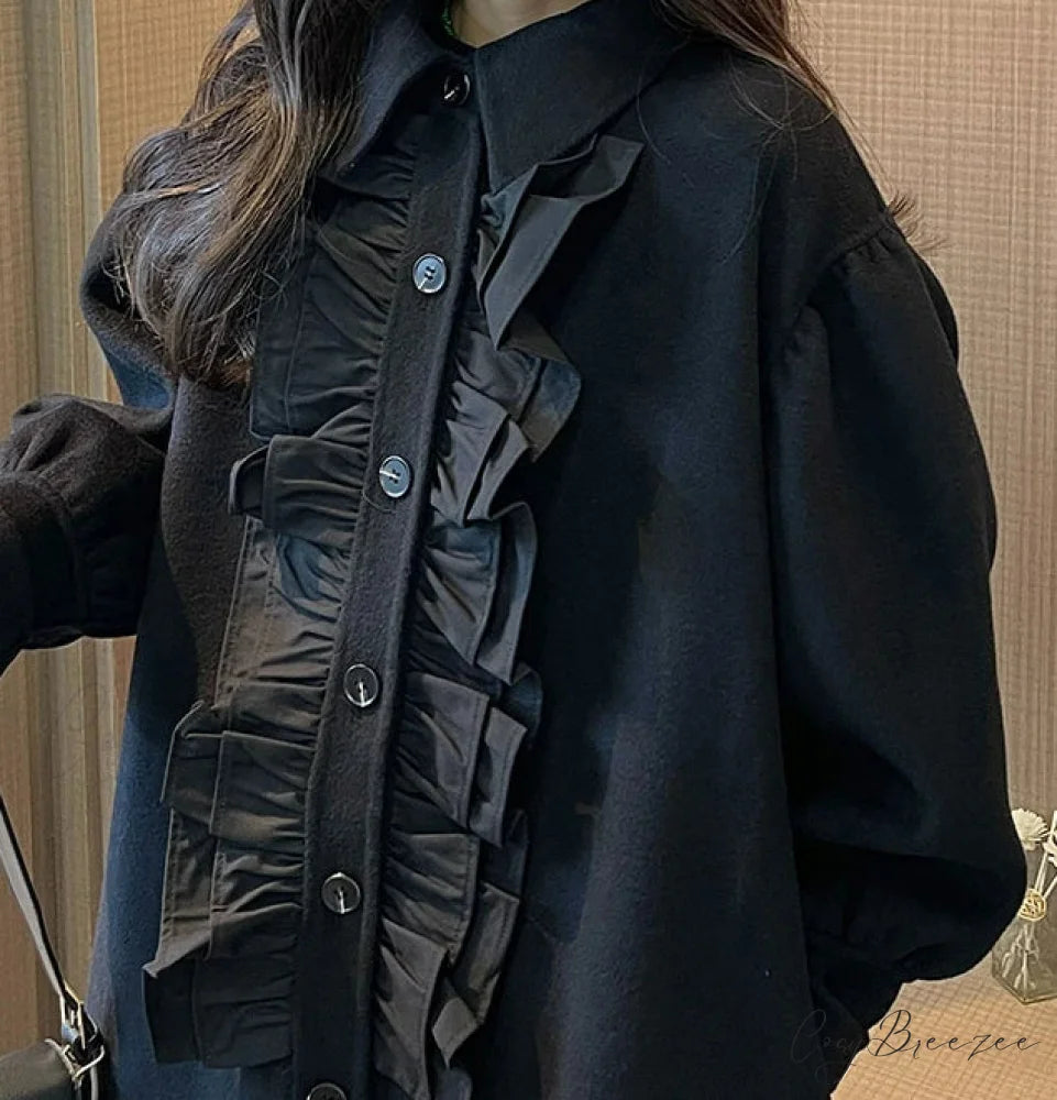Lautaro Ruffled Woolen Lantern Sleeve Coat Black / S overcoats-241228