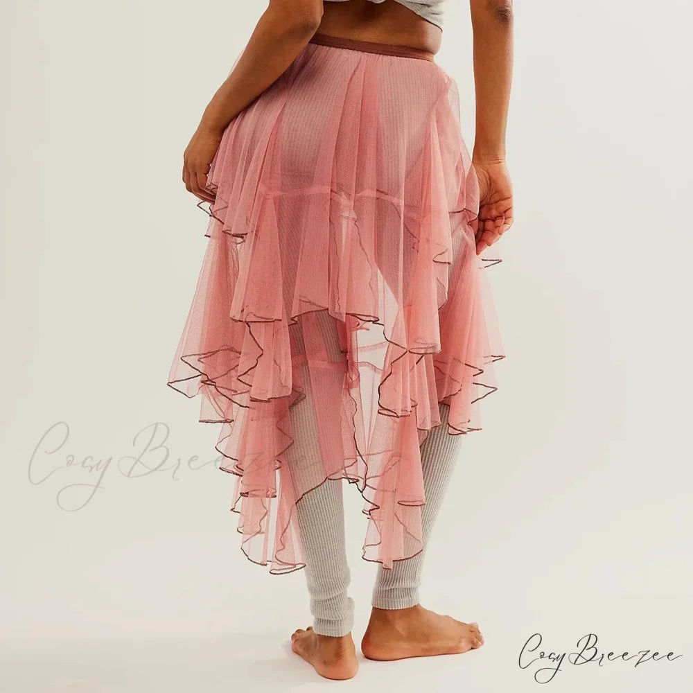 Layered Ruffled Mesh Sheer High Waist Lace Midi Skirt