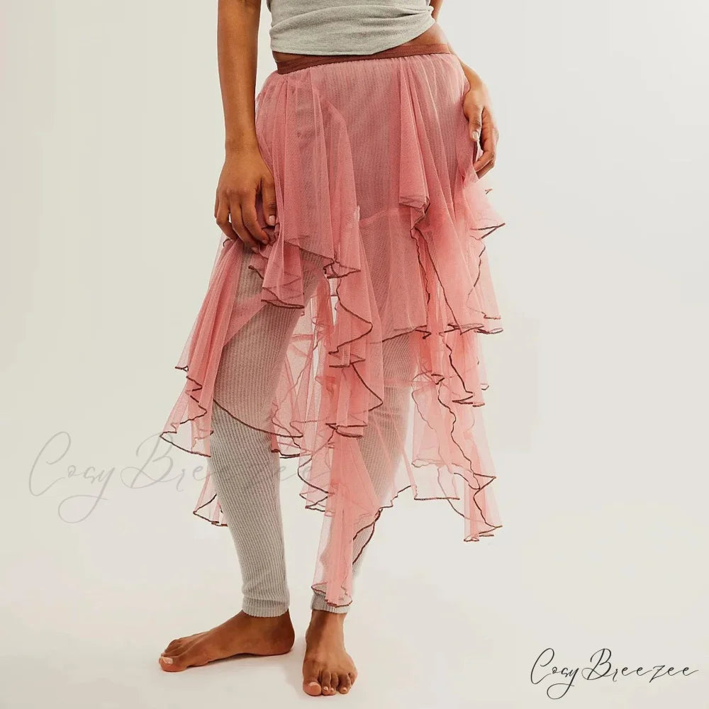 Layered Ruffled Mesh Sheer High Waist Lace Midi Skirt Pink / S