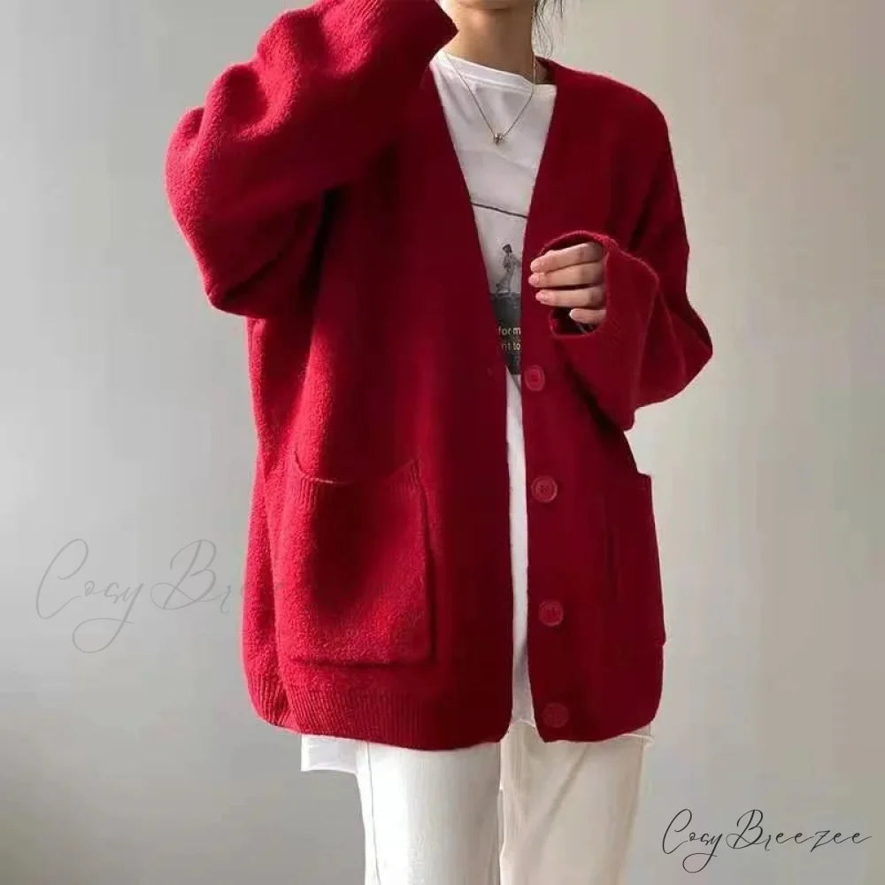 Lazy Wind Yellow Single-Breasted Knit Cardigan Red / One Size cardiagn-250126