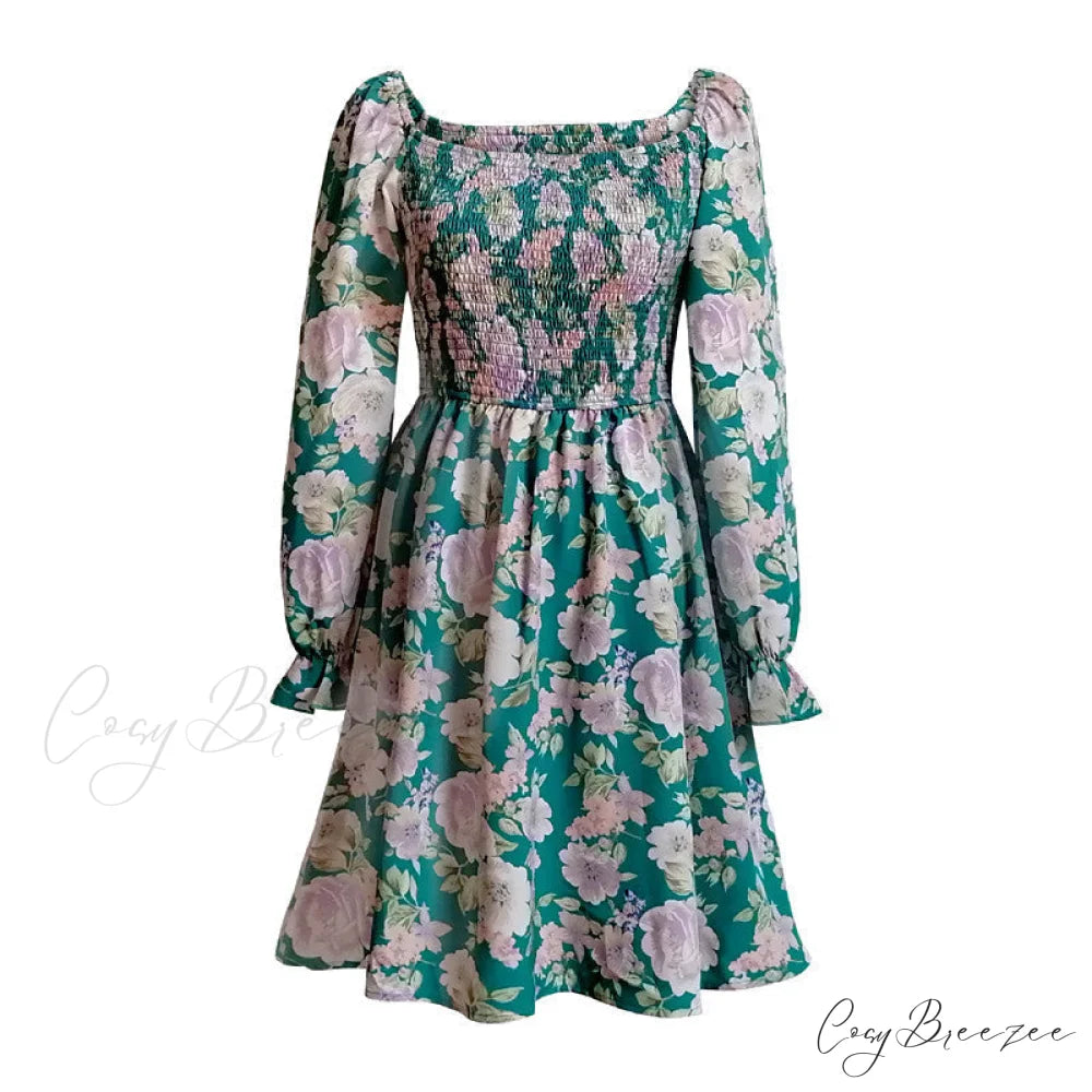Leaf Print Sleeveless Midi Dress M / Blue