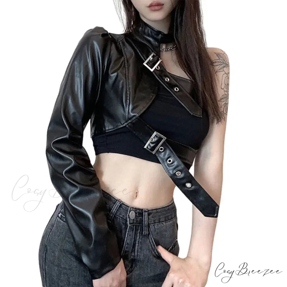 Leather Goth Punk Emo Stylish Elegant Classic Trendy Unique Crop Top