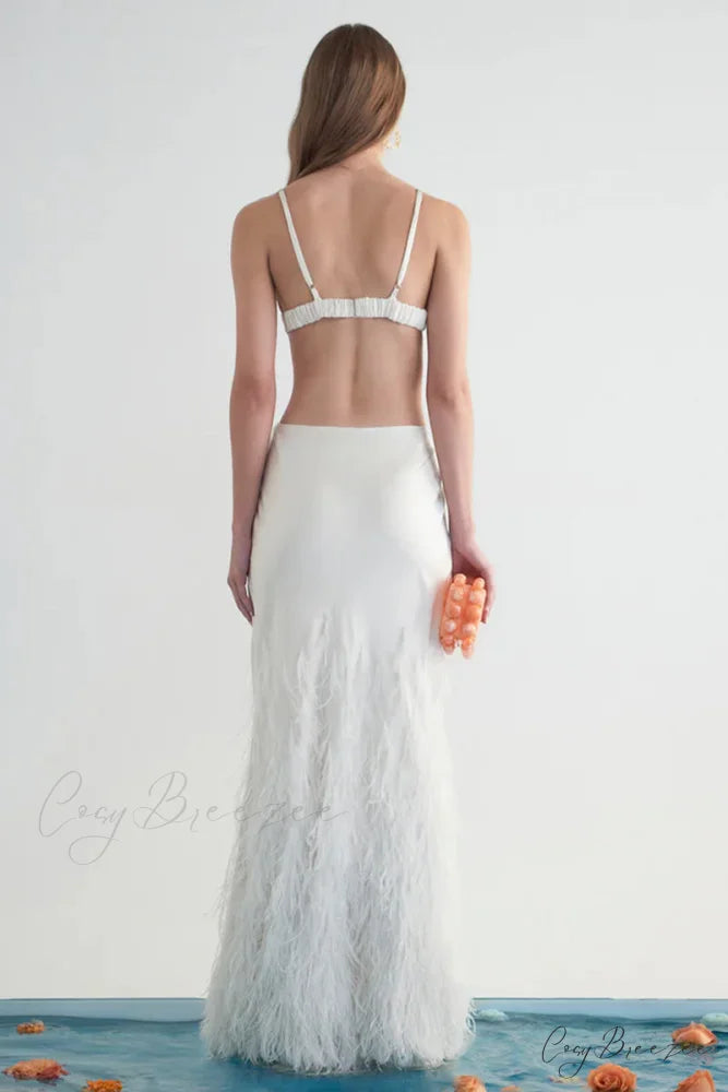 Lena Satin Cutout Trendy Ostrich Feather Maxi Dress
