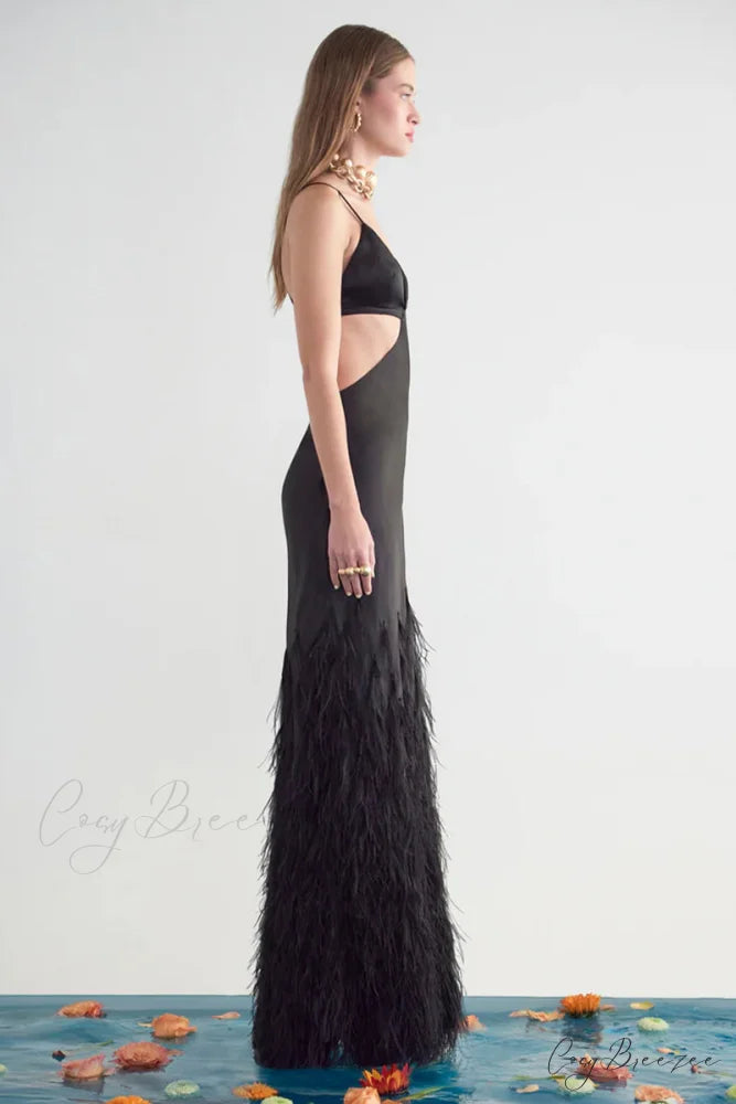 Lena Satin Cutout Trendy Ostrich Feather Maxi Dress