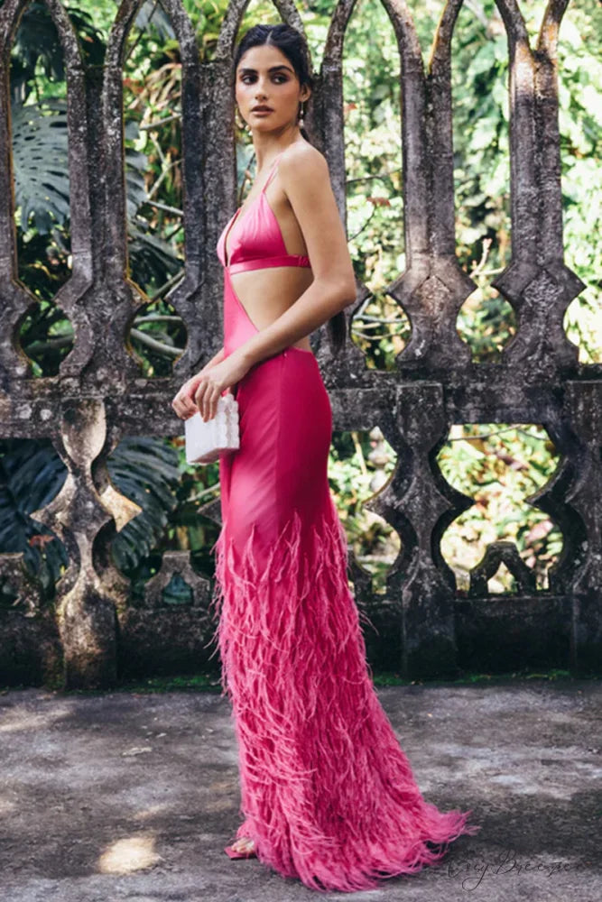 Lena Satin Cutout Trendy Ostrich Feather Maxi Dress